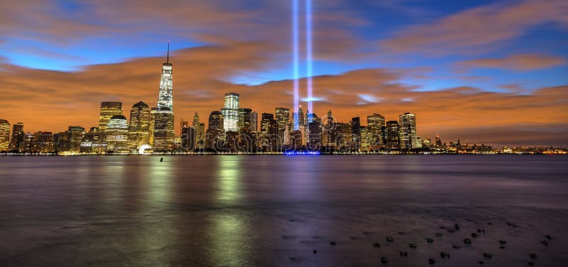 New York City skyline with 9/11 lights in the morning