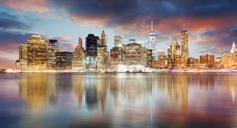 New York City Skyline at Sunrise with Reflection Editorial Stock Photo ...