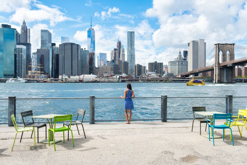 New York city skyline waterfront lifestyle - people walking enjoying view