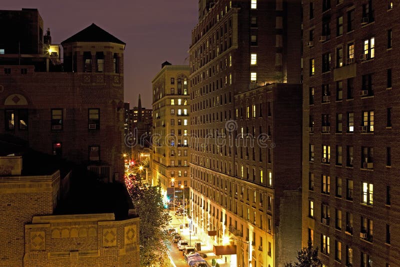 New York City street and housing elevated view at night