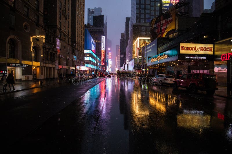 New York City Street View at Night with Snow Editorial Photography ...