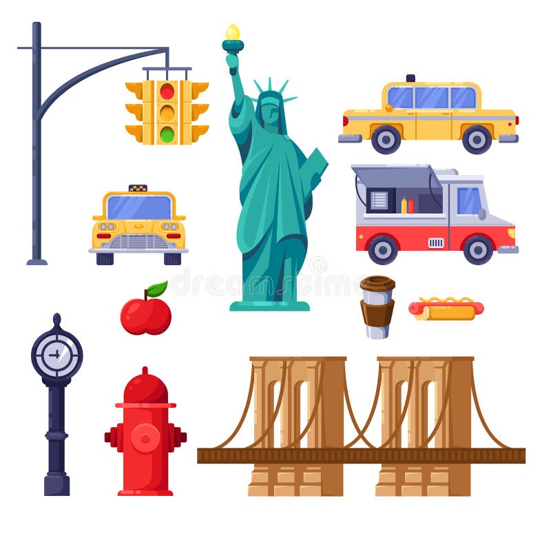 Simboluri din New York. ilustrație izolată de călătorie vectorială. statuie galbenă de taxi de pe podul Liberty Brooklyn. royalty free illustration