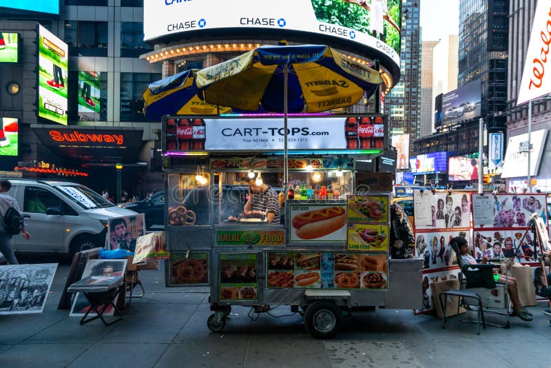 New York City / USA - JUL 13 2018: Times Square Street Food Cart
