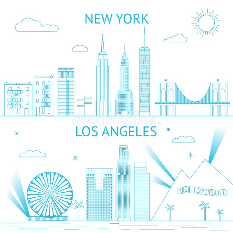 New York and Los Angeles skyline illustration in vector illustration