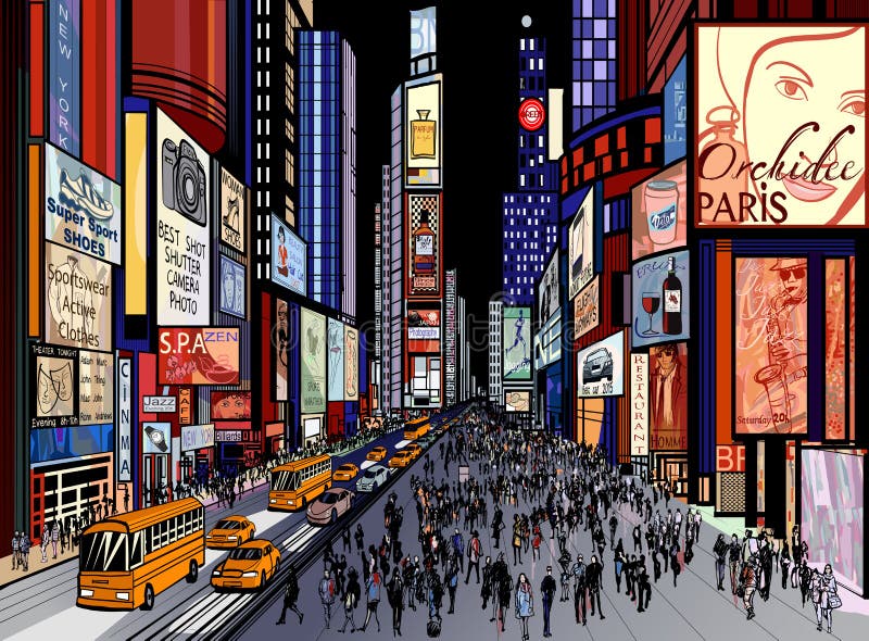 Vector illustration of a night view of times square in New York (all ads are imaginary). Vector illustration of a night view of times square in New York (all ads are imaginary)