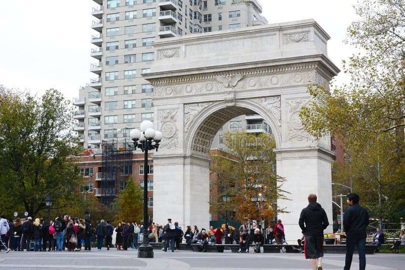 Washington Square Arch, a marble Roman triumphal arch built in 1892 celebrates the centennial of George Washingtons inauguration a stock photos Washington Square Arch, a marble Roman triumphal arch built in 1892 celebrates the centennial of George Washingtons inauguration a stock photos