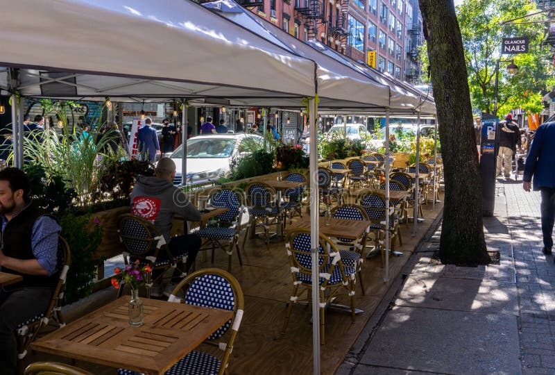 New York, NY / USA - September 19 2020: An empty outdoor restaurant in East Village, Manhattan. Covid outdoor dining