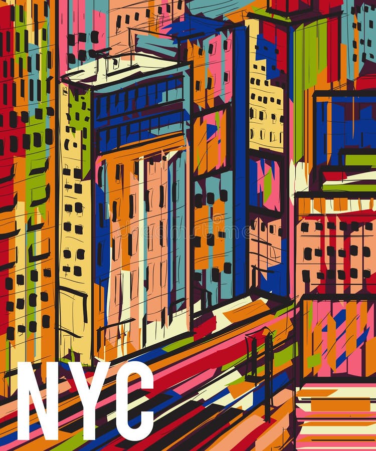 New York Paesaggio disegnato a mano variopinto astratto della città di notte illustrazione di stock New York Paesaggio disegnato a mano variopinto astratto della città di notte illustrazione di stock
