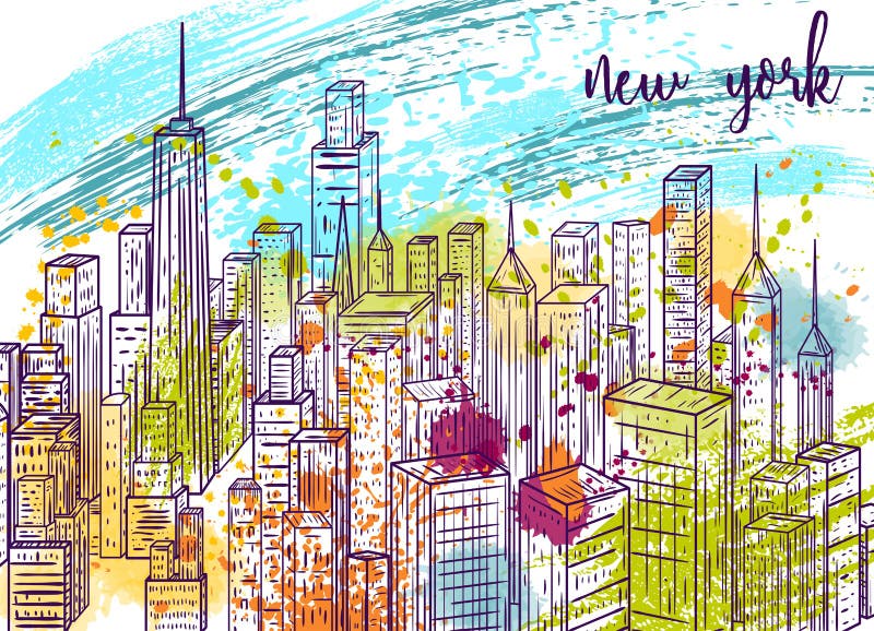 New York A paisagem tirada da cidade do vintage mão colorida e espirra no estilo da aquarela ilustração do vetor New York A paisagem tirada da cidade do vintage mão colorida e espirra no estilo da aquarela ilustração do vetor