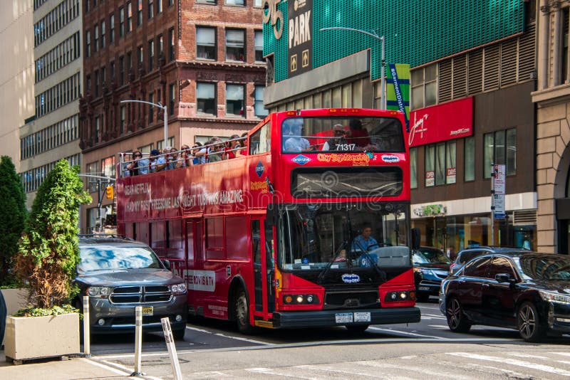 red tour buses in new york city