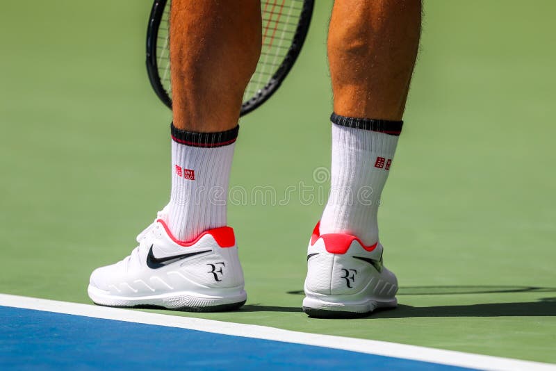 20-time Grand Slam champion Roger Federer of Switzerland wears custom Nike tennis shoes during the 2019 US Open round of 16 match