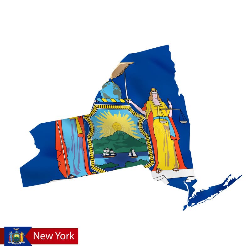 New York State Map in Round Isometric Style with Triangular 3D Flag of