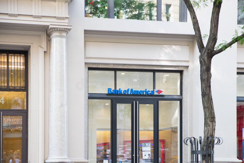 Logo of Bank of America in modern office building in New York.