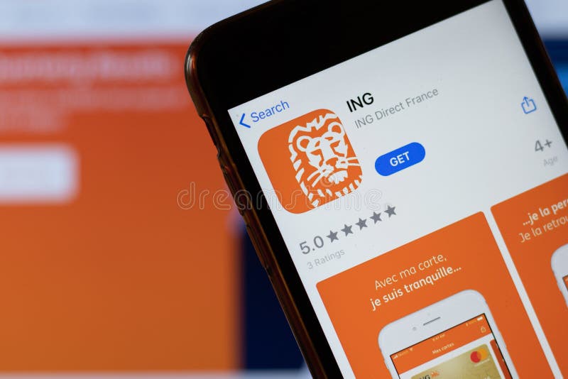 New York, USA - 15 May 2020: ING mobile app logo on phone screen, close-up icon, Illustrative Editorial