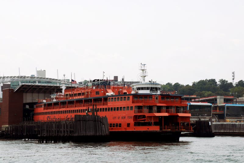 New York, USA - September 2, 2018: The ferry leaves the port between areas in the port of New York.