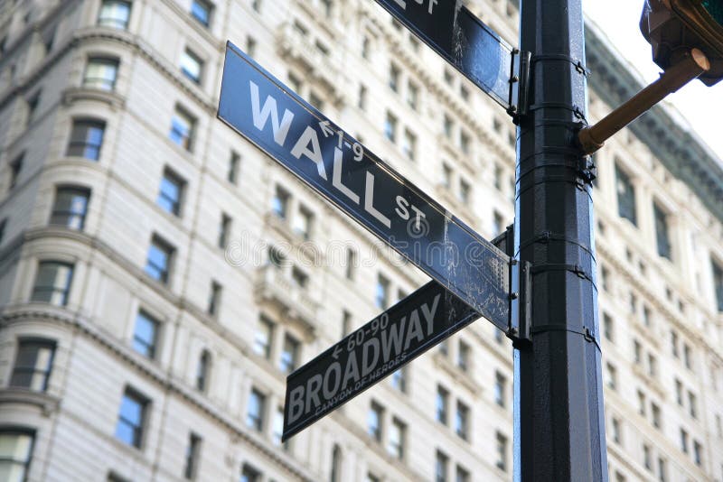 Bewegwijzering Wall Street en Broadway, New York royalty-vrije stock foto