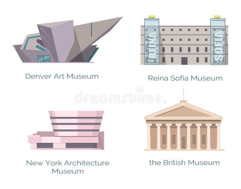 New York Architecture museum, British Denver Art Reina Sofia monuments vector illustration set of world`s most famous heritage landmarks isolated. New York Architecture museum, British Denver Art Reina Sofia monuments vector illustration set of world`s most famous heritage landmarks isolated