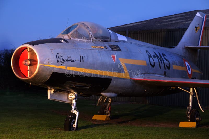 Newark Air Museum. Nottinghamshire, Uk. March 2022. The Dassault MD.454 MystÃ¨re IV is a 1950s French fighter-bomber aircraft, the first transonic aircraft to enter service with the French Air Force. It was used in large-scale combat in the Israeli Air Force during the 1967 Six Day War. Newark Air Museum. Nottinghamshire, Uk. March 2022. The Dassault MD.454 MystÃ¨re IV is a 1950s French fighter-bomber aircraft, the first transonic aircraft to enter service with the French Air Force. It was used in large-scale combat in the Israeli Air Force during the 1967 Six Day War.