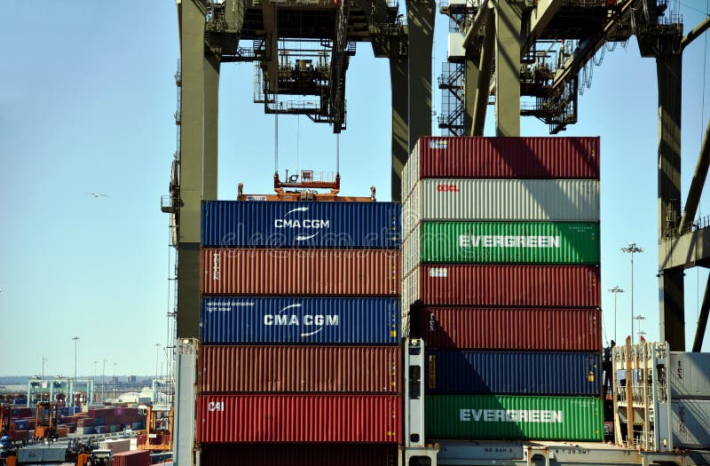 Gantry cranes during cargo operation in the container terminal in Newark. royalty free stock photos