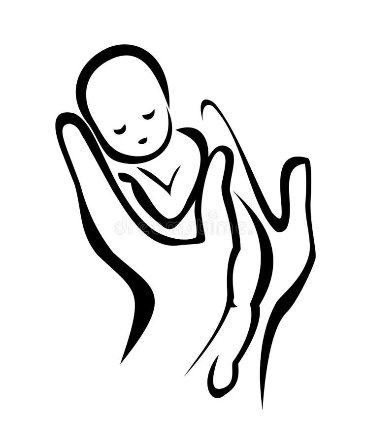 V rukách drží novonarodené dieťa, symbol, jednoduché línie.