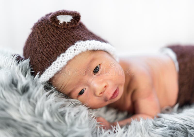 Newborn Baby in Bear Hat Sleeping on Fur Bed Stock Photo Image of