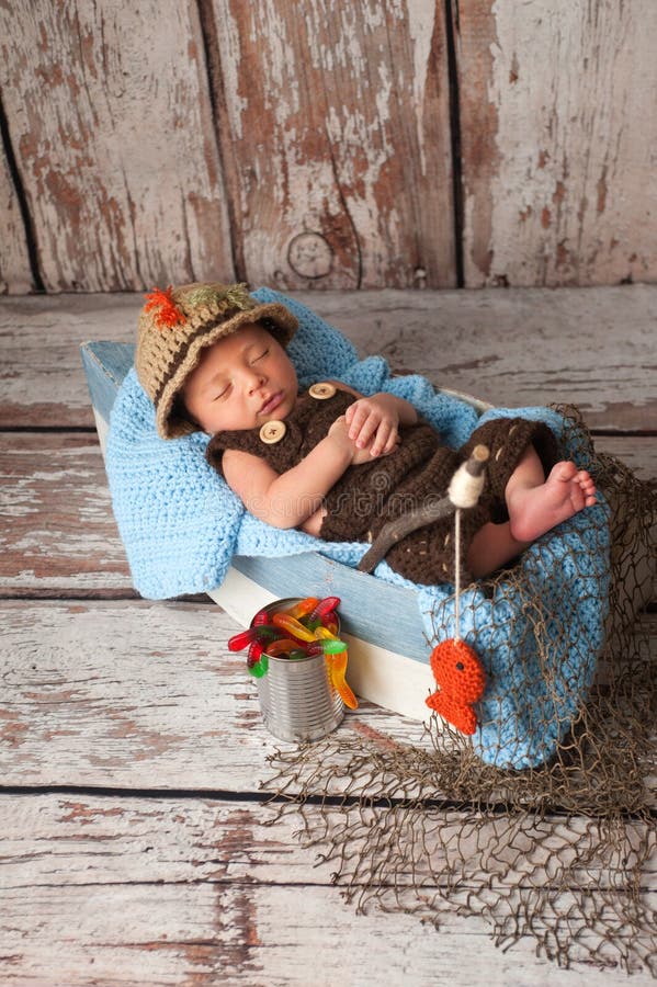 Newborn Baby Boy in Fisherman Outfit Stock Photo - Image of baby, lazy:  38401682