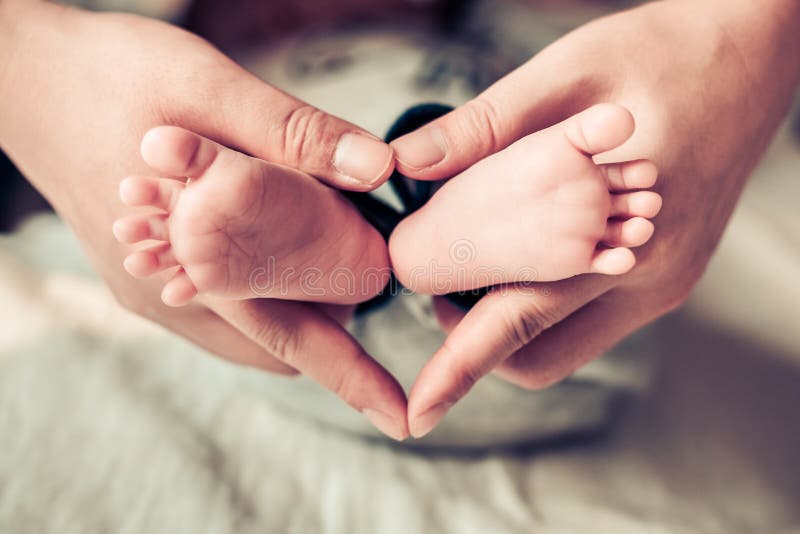 Newborn Baby Feet Parents Holding in Hands. Stock Photo Image of arms