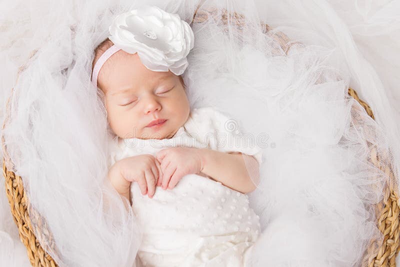 Newborn Baby Girl, Sleeping New Born Kid in White, Beautiful Infant Portrait