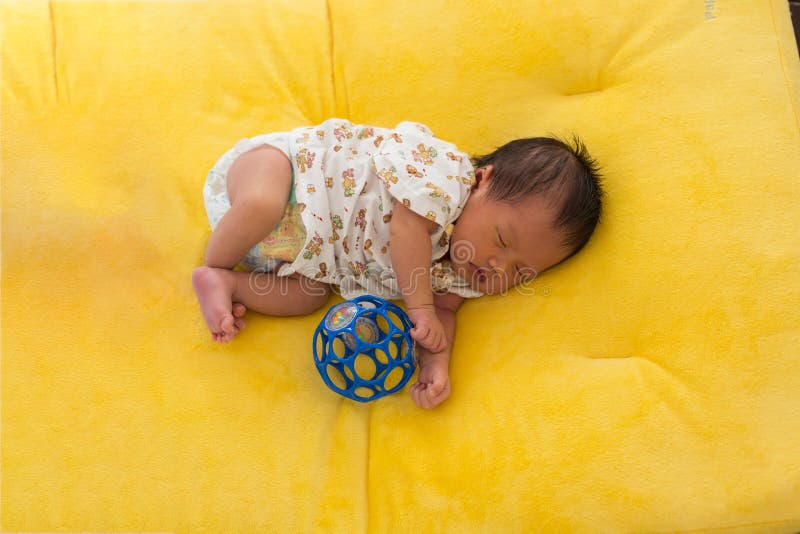 Newborn Baby Sleeping Yellow Fur Fabric Bed Stock Photos Free