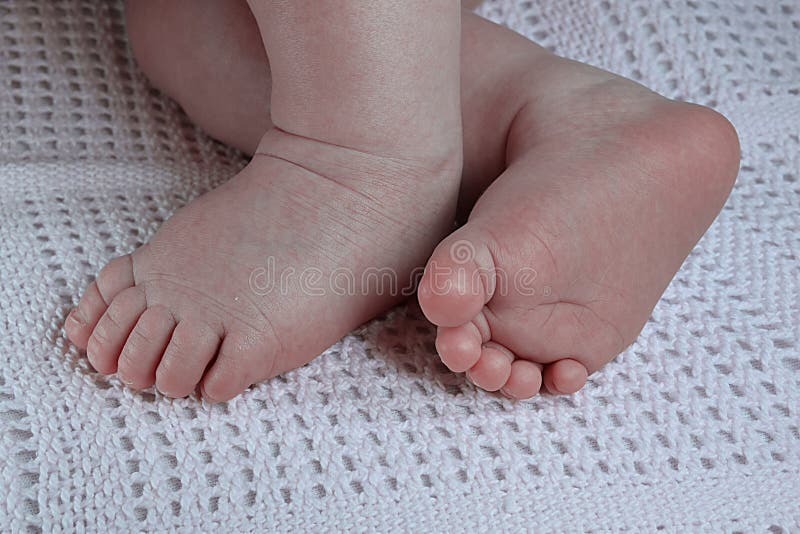 Newborn Baby Small Legs on Blanket, Cute Toes Closeup Stock Photo