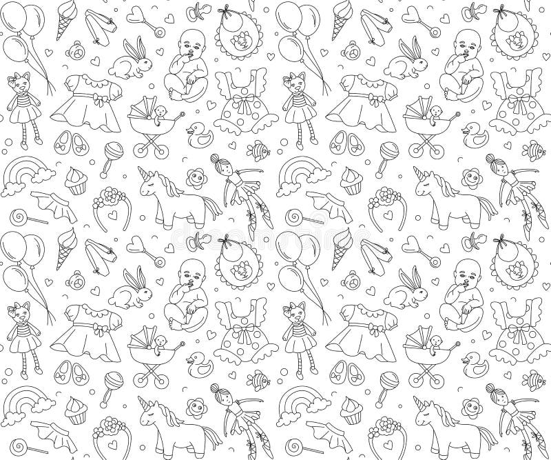 Newborn Girl Baby Shower Seamless Pattern For Textile, Print, Greeting  Cards, Wrapping Paper, Wallpaper. Birthday Celebration Party. Vector  Illustration Design Thin Line Doodle Style. Pink And White Royalty Free  SVG, Cliparts, Vectors