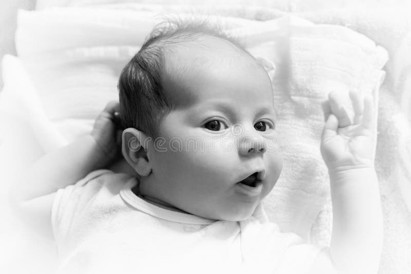 The Newborn One Month Old Baby Lying on the Bed Stock Photo Image of