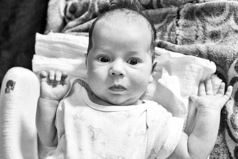 The Newborn One Month Old Baby Lying on the Bed Stock Image Image of