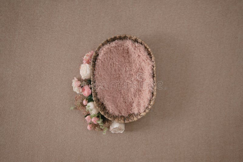 Natural Bowl with Pink Fur and Floral Arrangement. Newborn Girl Photography  Backdrop Stock Photo - Image of roses, girl: 185728708