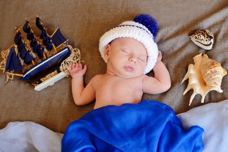 Newborn Baby Boy Sailor Sleeping in a Sailboat Stock Image Image of