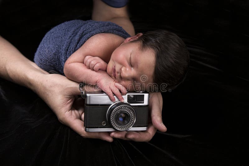 Newborn Sleeping Baby with Old Camera Stock Image Image of portrait