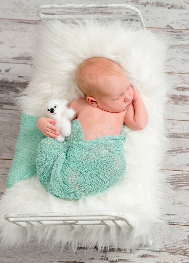 Newborn Sleeping on Cot with White Soft Blanket Stock Image Image of