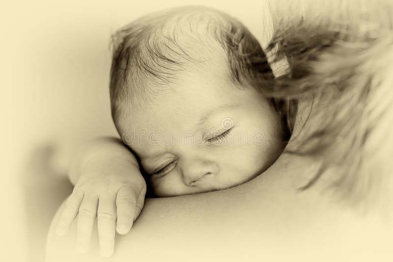 The Newborn Sleeps on His Mother`s Shoulder Stock Image Image of