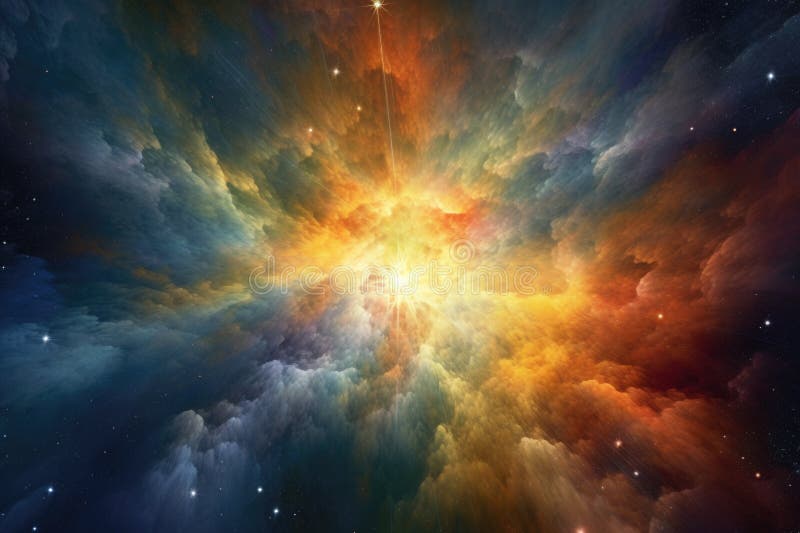 A newborn stars light rays piercing through a colorful nebula stock photos