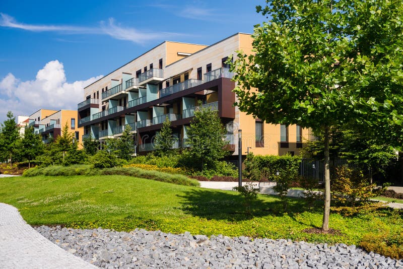 Newly built block of flats with green area around