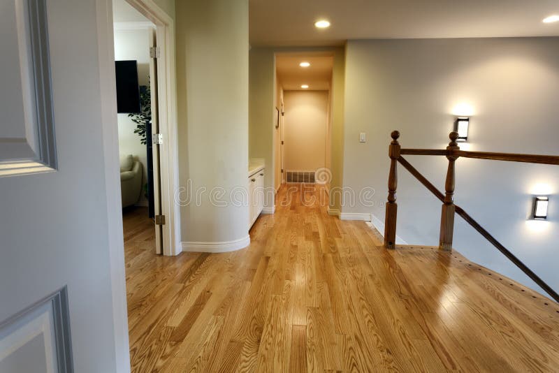 Newly Installed Oak Floor Boards for Hallway in Home Stock Photo