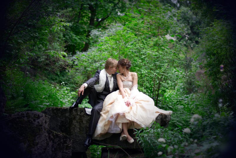 The newly married couple sitting on the rock in th