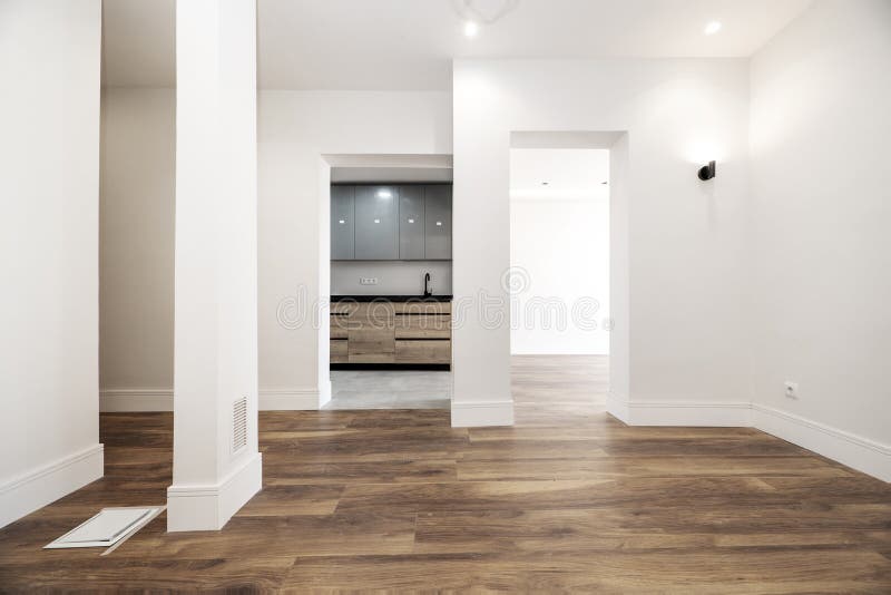 Newly renovated empty living room with white painted walls