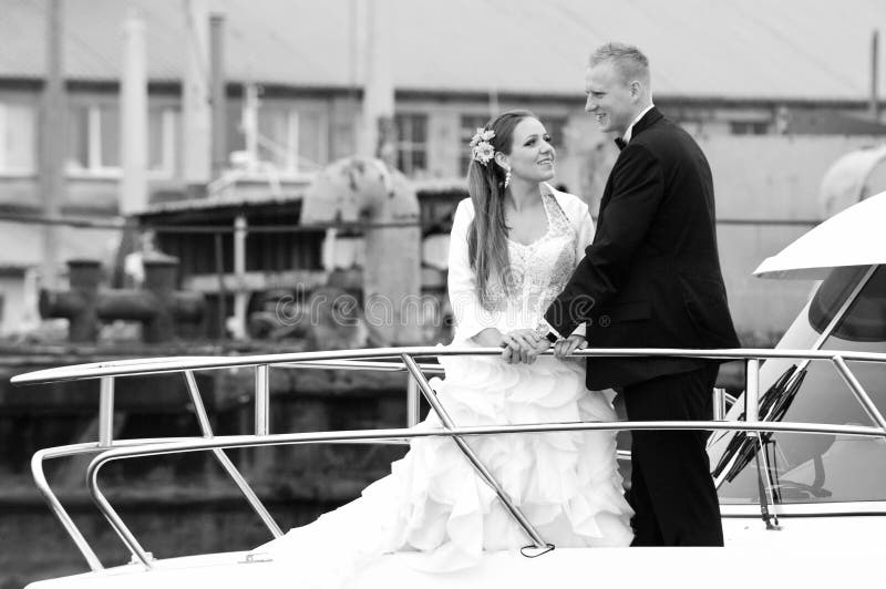 Newlywed couple on boat royalty free stock photos Newlywed couple on boat royalty free stock photos