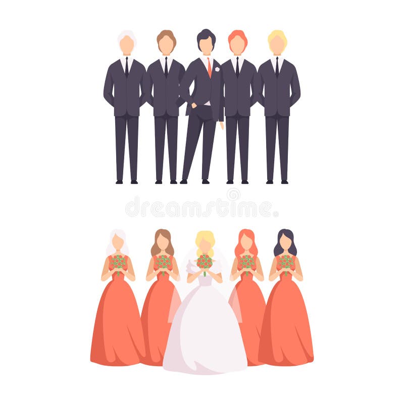 Newlyweds as Just Married Male and Female in Wedding Dress and Suit Standing with Bridesmaid and Groomsman Vector Set