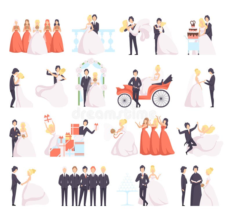 Newlyweds Couple as Just Married Male and Female in Wedding Dress and Suit Big Vector Set