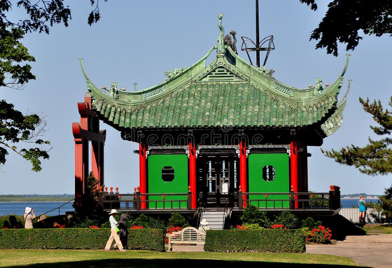 Newport, Rhode Island: The Chinese Tea house with ceremonial gate overlooks the sea on the grounds of 1892 Marble House. Newport, Rhode Island: The Chinese Tea house with ceremonial gate overlooks the sea on the grounds of 1892 Marble House