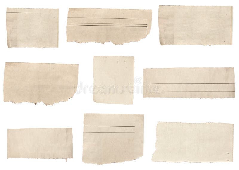 Raccolta di bianco strappato pezzi di giornale sul sfondo bianco.