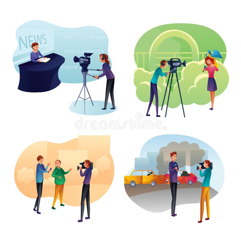 News program recording flat illustrations set