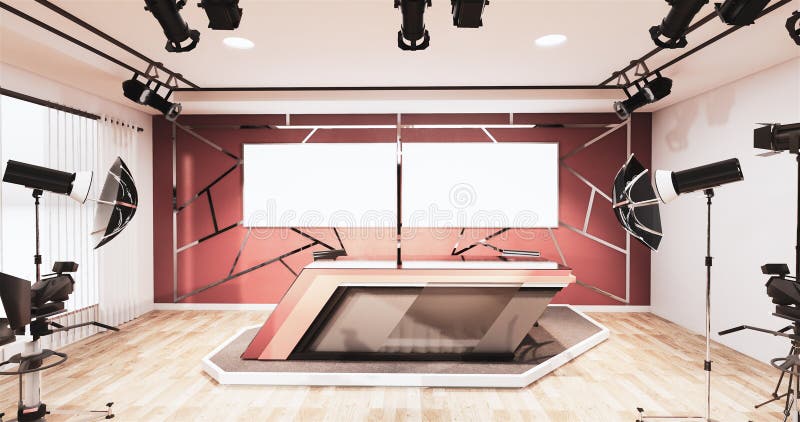 News studio room design aluminum trim gold on red wall, Backdrop for TV shows.3D rendering